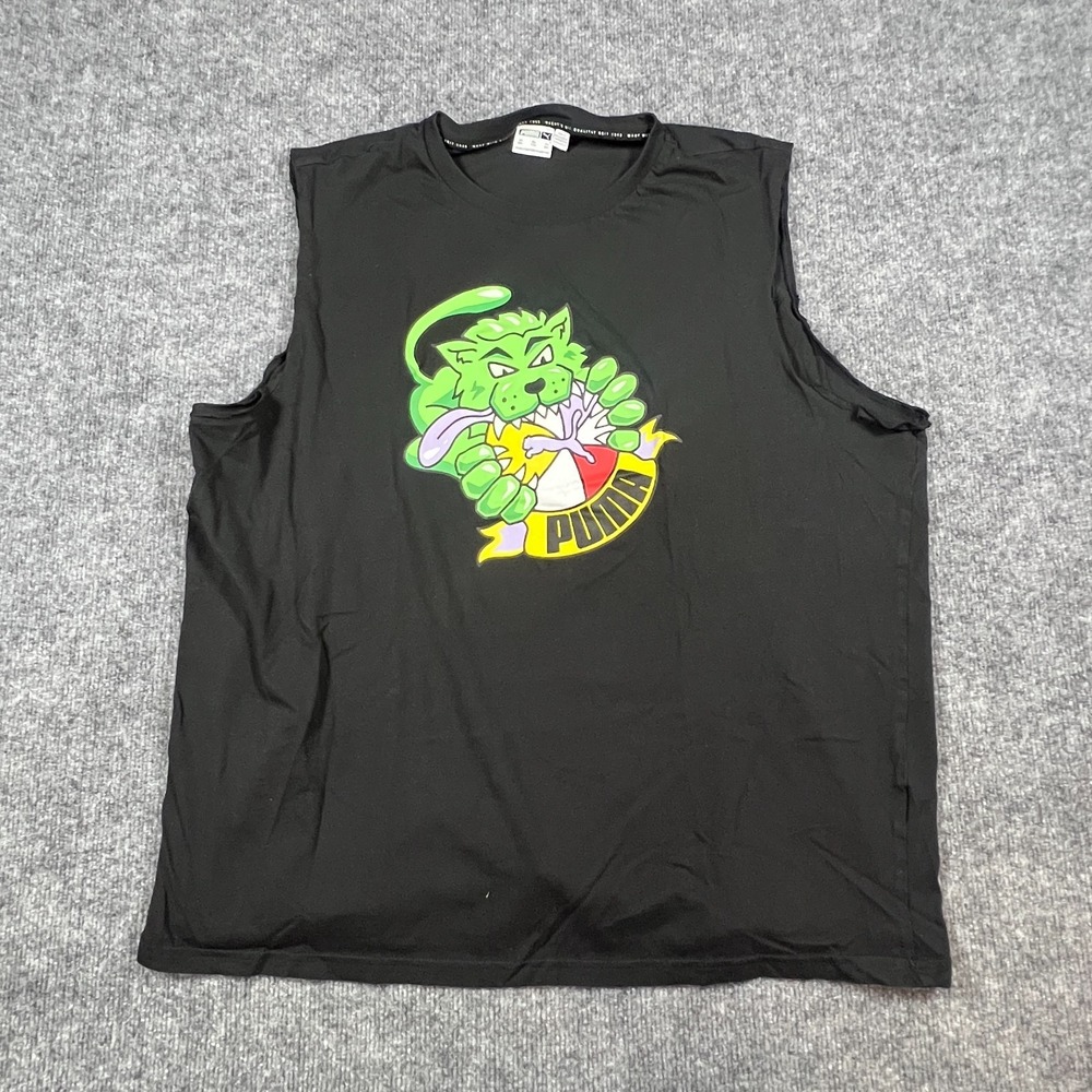 Puma Sleeveless Shirt Mens 2XL Black Logo Print Relaxed Lightweight Summer Wear